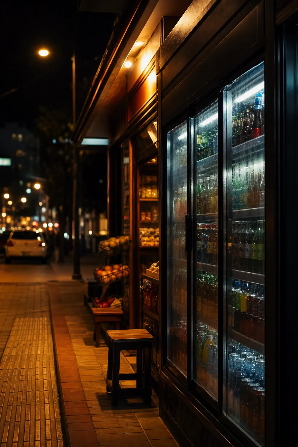 Buca'da gece açık tekel market vitrini ve soğuk içecek dolabı